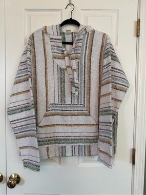Molina Striped Mexican Baja  Pullover Hoodie - White with Green & Gold Stripes